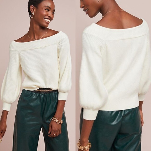 Anthropologie Moth Light Peach Dancer Off Shoulder Ribbed Sweater Size XS - Picture 4 of 13